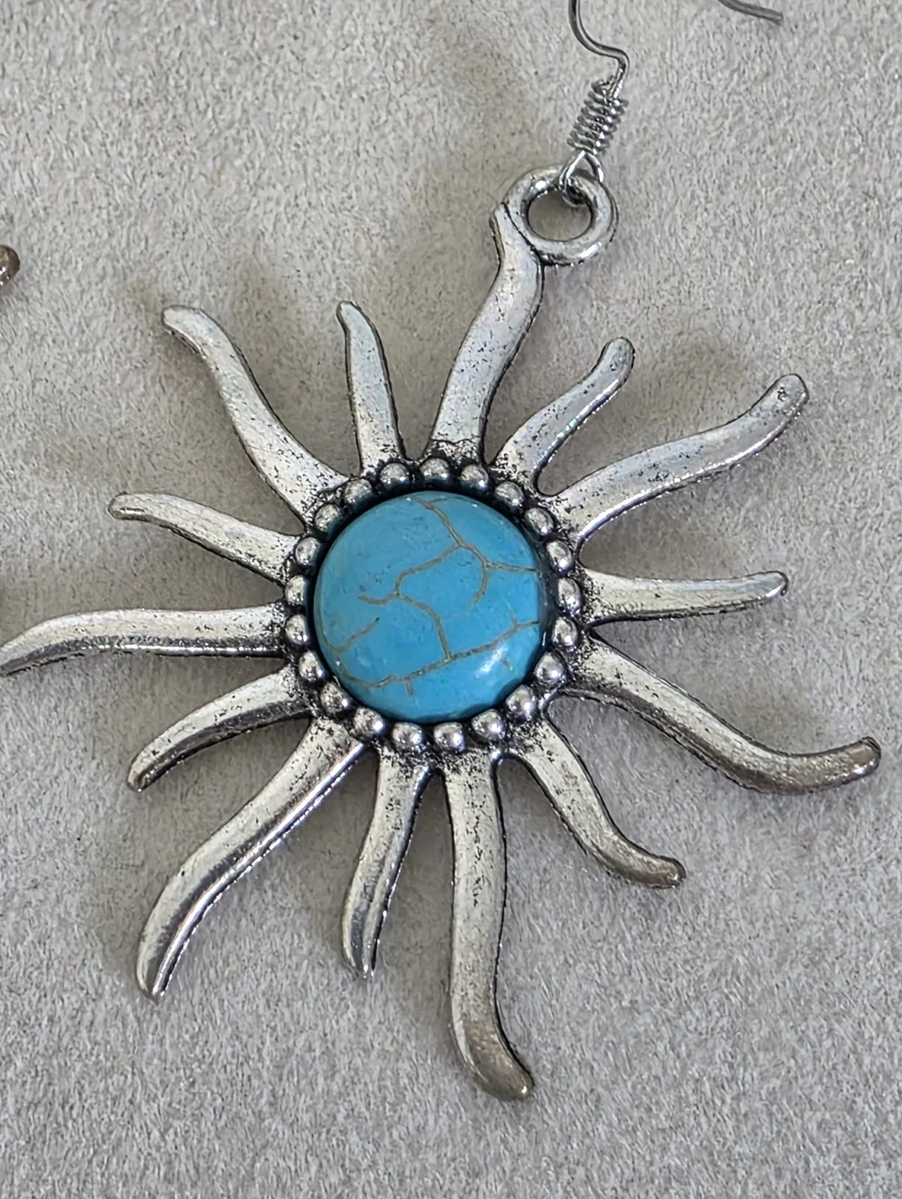 Boho Southwestern Silver Sunburst Dangle Earrings with Turquoise Style Stone